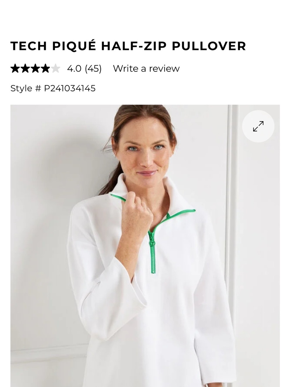 T by Talbots White Top with Green Trim TECH PIQUÉ HALF-ZIP PULLOVER